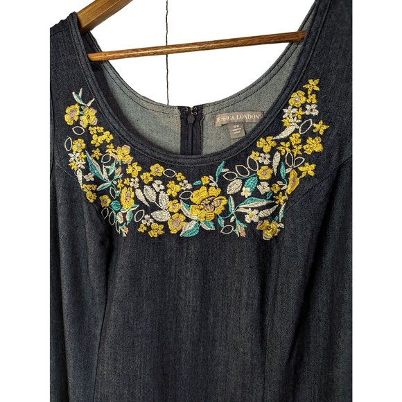 Jessica London Denim Modest Sleeveless Jumper Dress Embroidered Flowers sz 18W - Picture 2 of 6